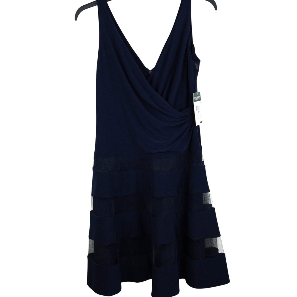 NWT Lauren Ralph Lauren Navy Sleeveless Lace Panel Fit &‎ Flare Dress  Size 10P